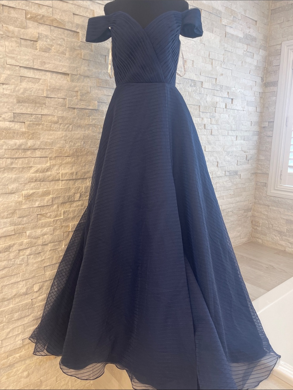 Jovani NWT Elegant Navy Off-Shoulder A-Line Evening Dress